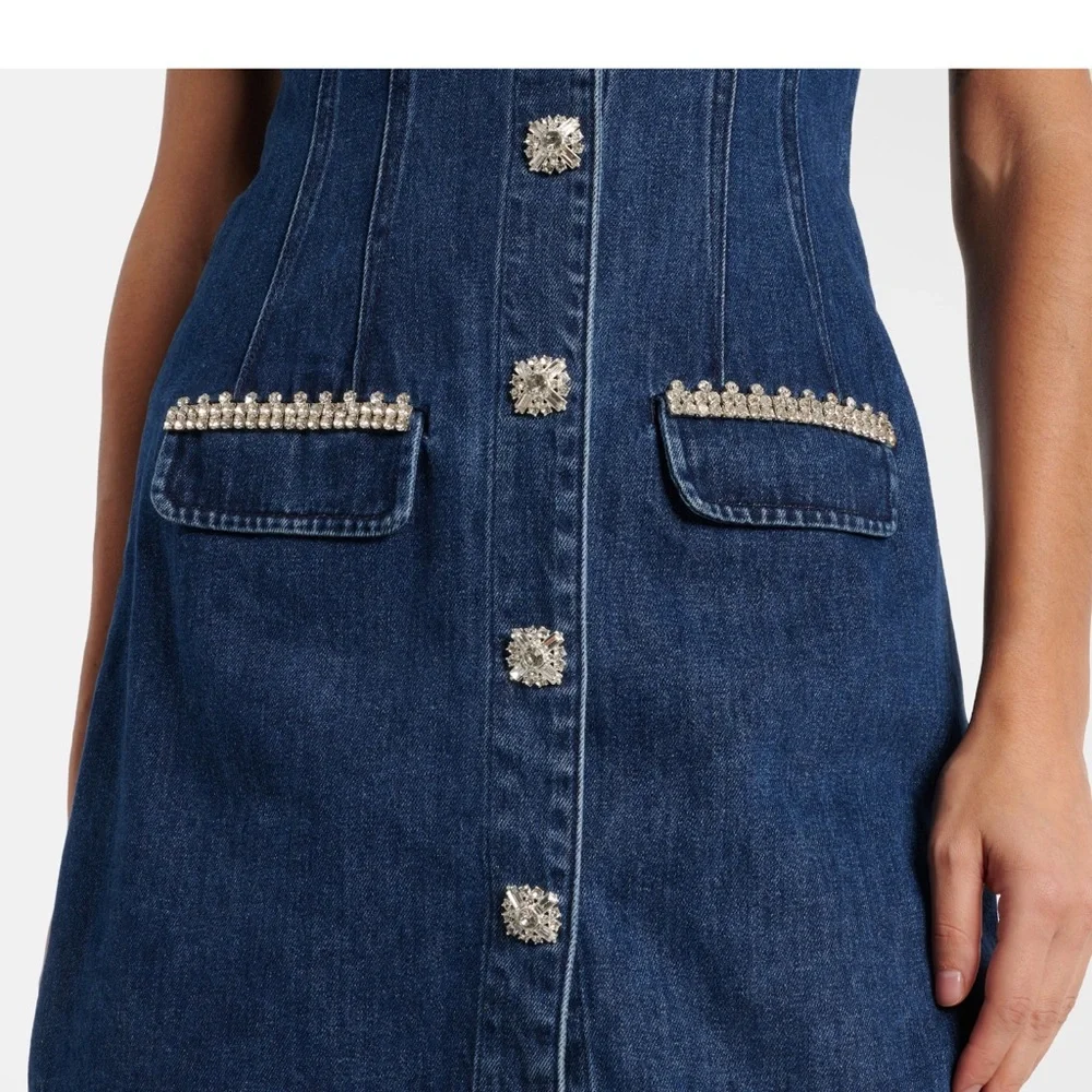 Self-Portrait Navy Denim Dress with Pearl Trim - Picture 3 of 6